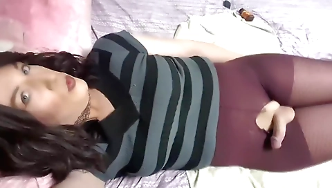 Busty blonde teen in stockings masturbates and rides her clit