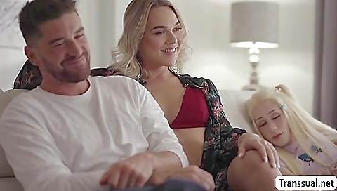 Blonde shemale gets a blowjob and gets fucked in the ass