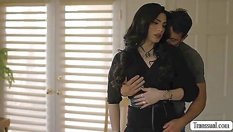 A beautiful trans girl is fucked on the back with a hard cock