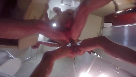 Ebony shemale gets her asshole fucked by a white guy in the shower