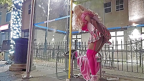 Solo blonde with sexy stockings and blonde dildo on bus