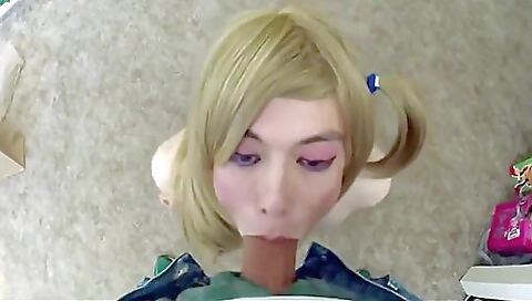 Hot blonde shemale with a sexy face gets fucked by a guy