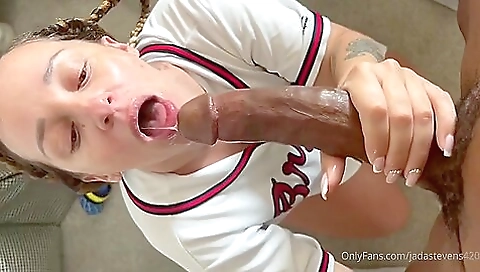 Ebony tattooed girl gets her face covered with cum