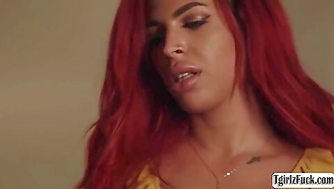 Busty red haired woman fucks big black cock in ass